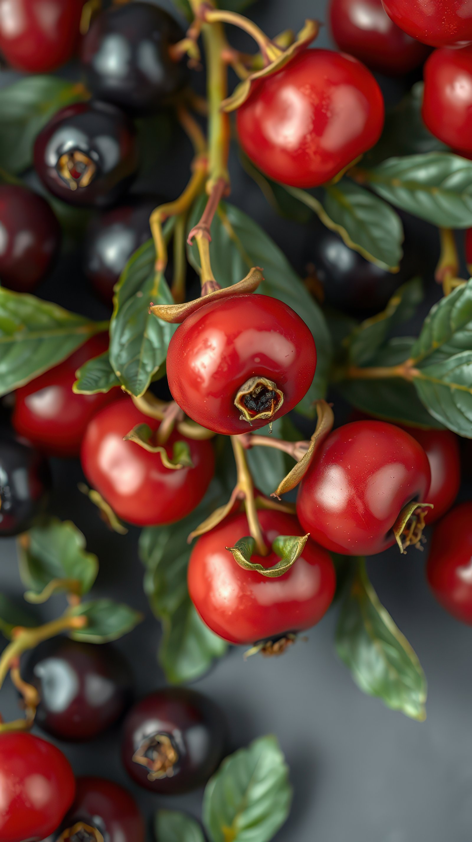 Red and black berries with green leaves on a dark grey background